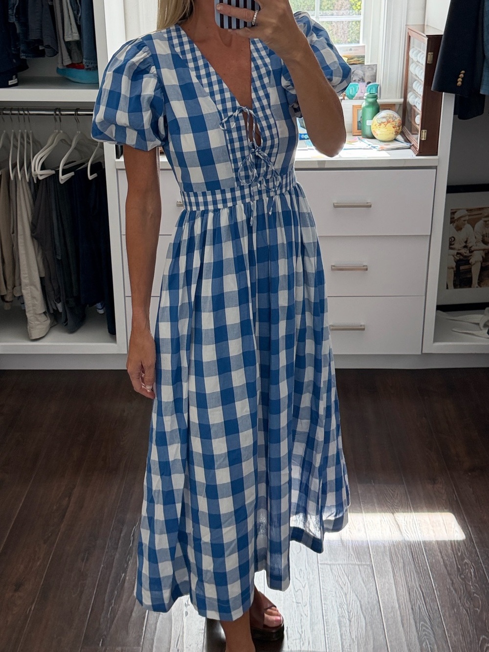Hyacinth House Blue Gingham Puff-Sleeve Midi Dress - XS NWT